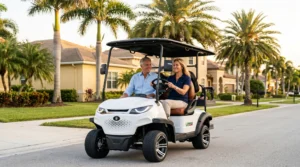 American couple driving electric golf cart through sunny Florida neighborhood for daily errands