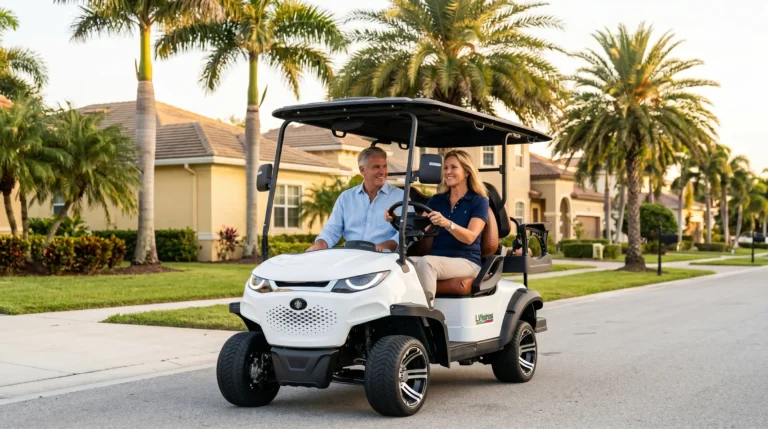 American couple driving electric golf cart through sunny Florida neighborhood for daily errands