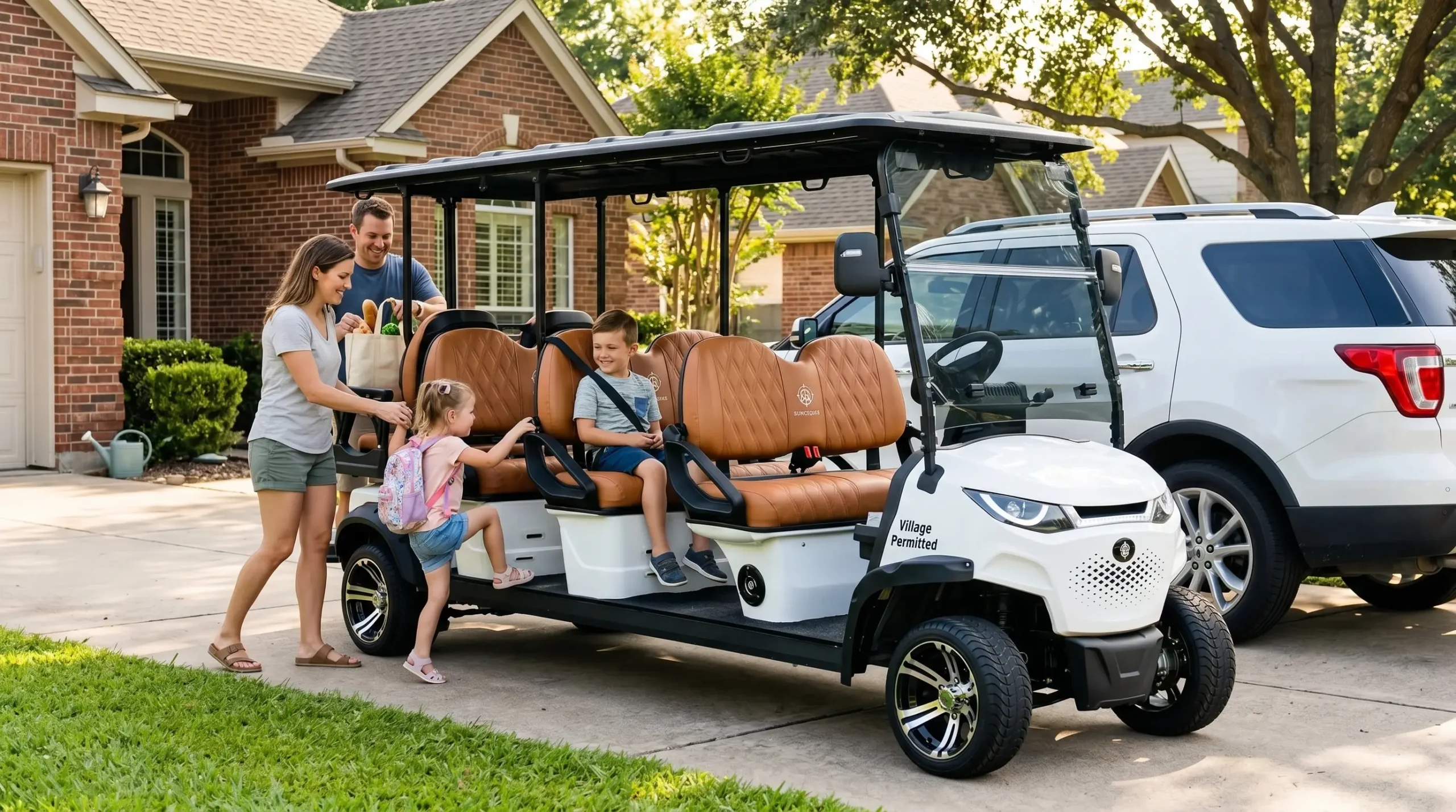 American family using electric golf cart as second car in suburban driveway for daily errands and local transport