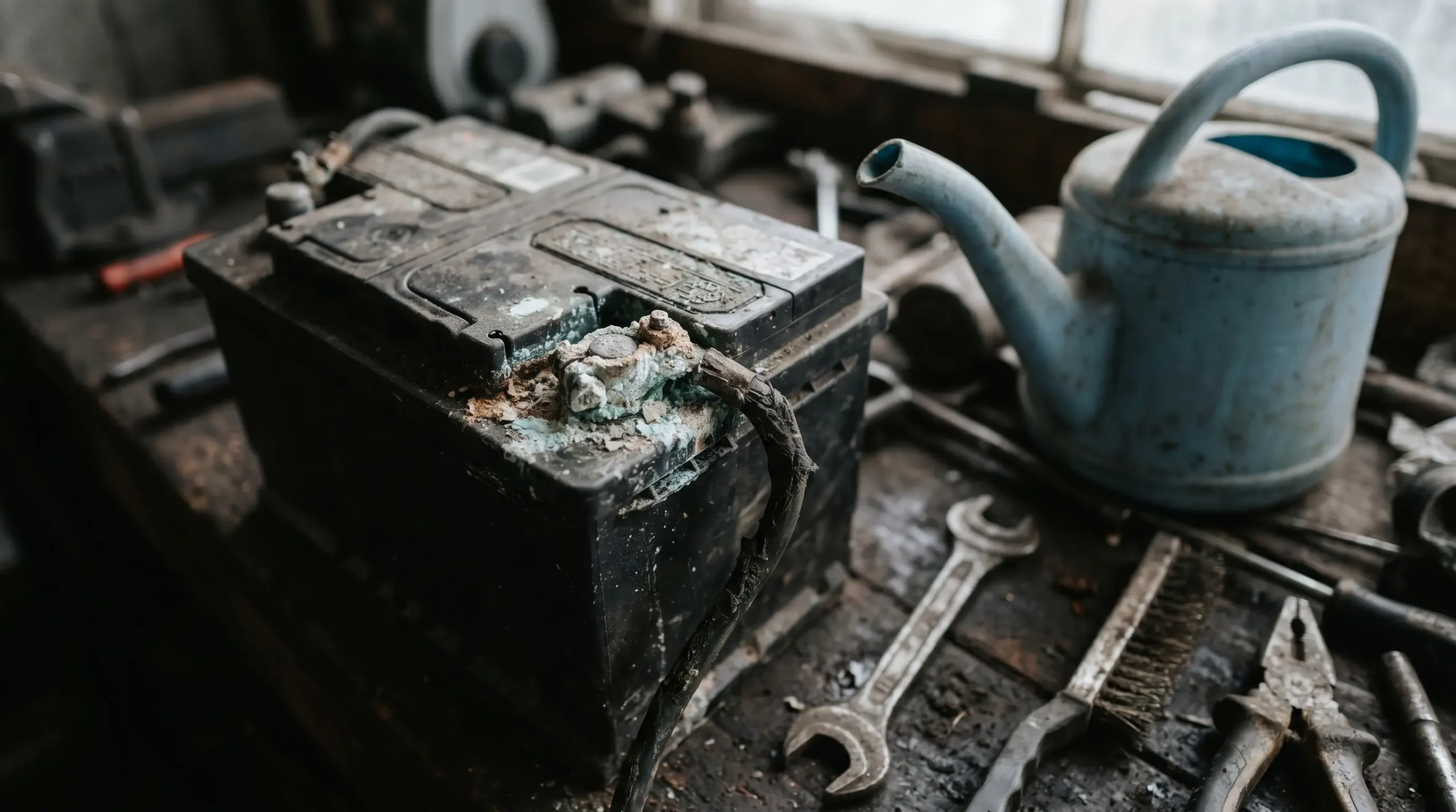Corroded lead‑acid golf cart battery terminal with watering can and neglected maintenance tools