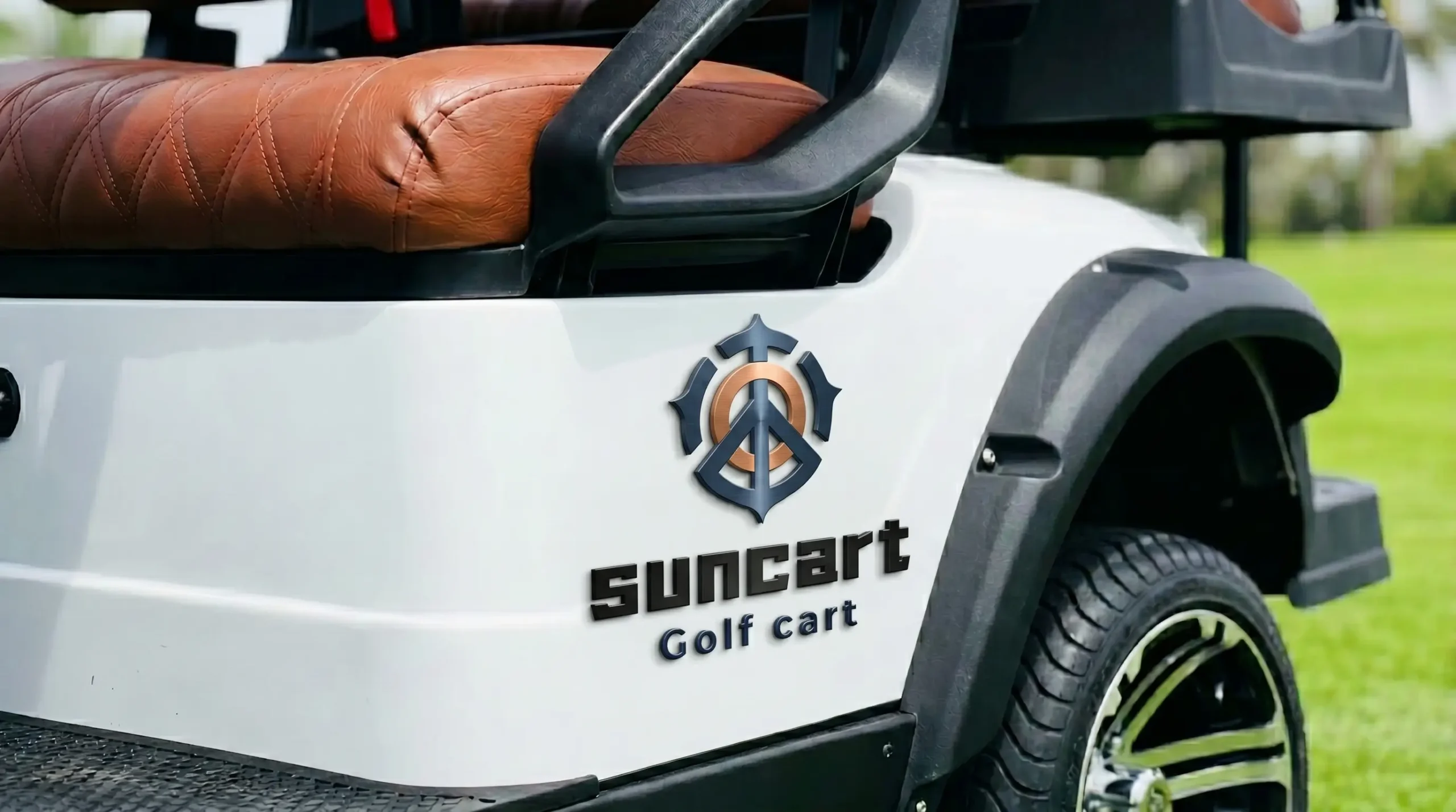 Close up of custom branded electric golf cart with professional logo application and premium finish