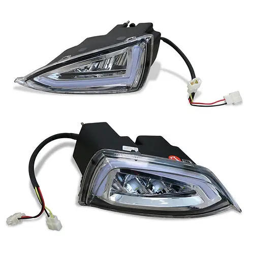 SUN-CART LED front headlight installed on an electric golf cart, showing bright white light beam and waterproof housing.