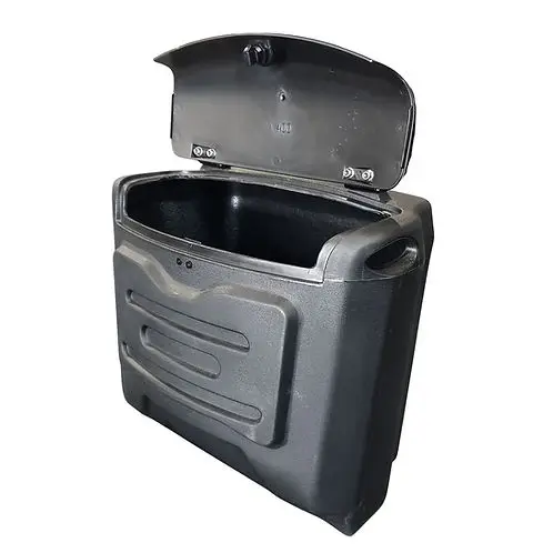 electric-carts-f4-removable-locking-trunk SUN-CART F4 removable locking trunk mounted on the rear of an electric golf cart, showing the lock mechanism and quick-release handles.