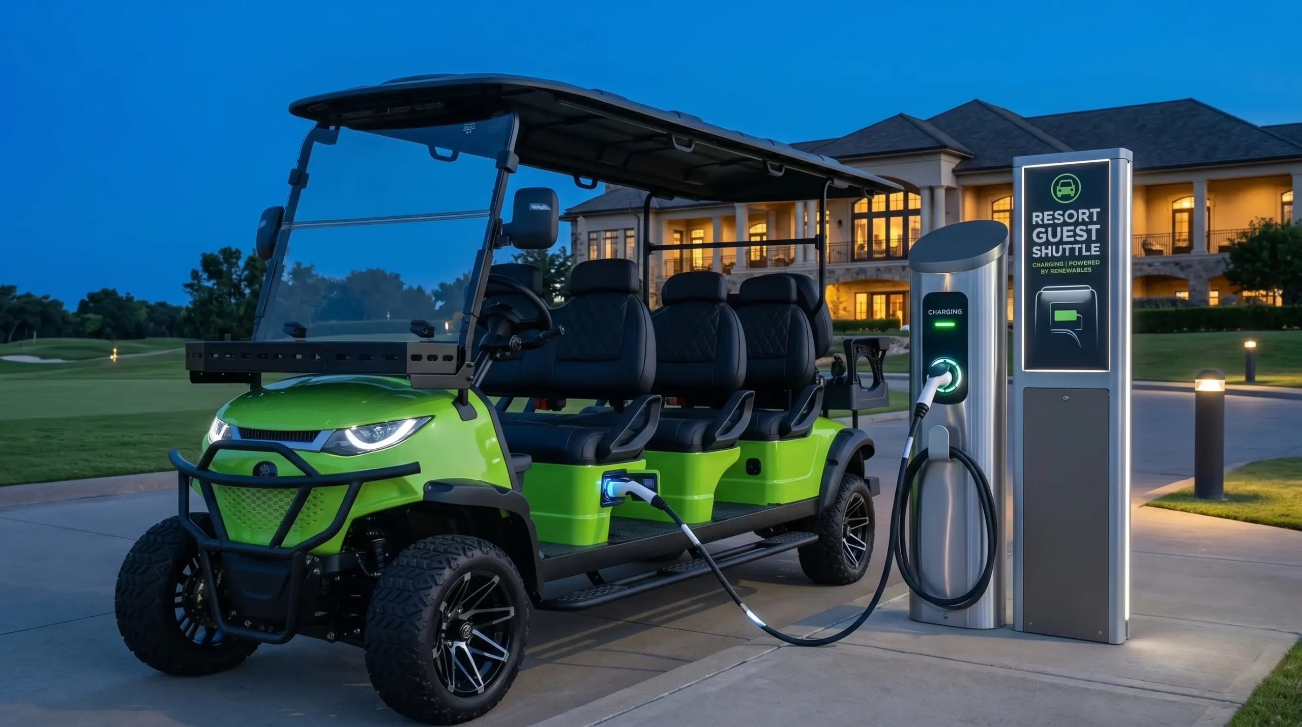 Branded electric golf cart fleet lined up at luxury resort reflecting in water during sunset