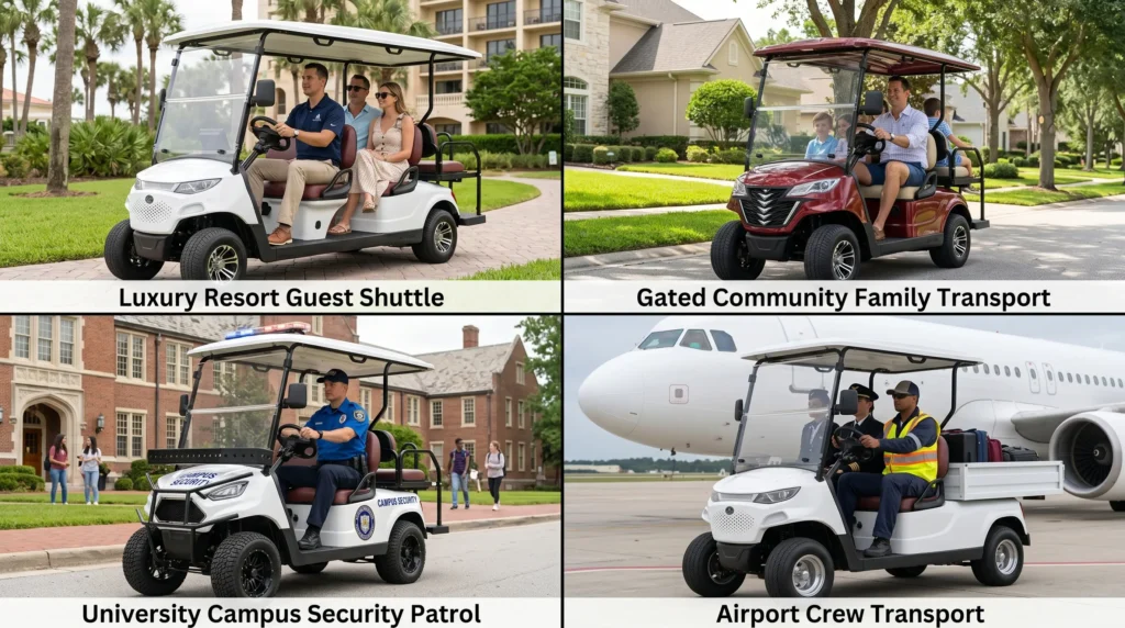 Electric golf cart commercial applications in resorts, communities, campuses, and airports