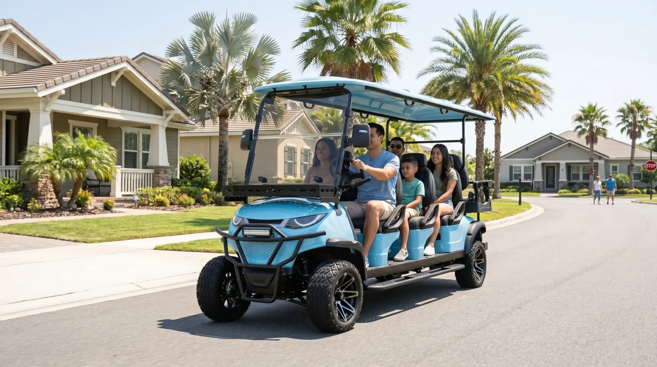Electric golf cart driving on sunny suburban street highlighting 2026 community mobility and NEV market trend