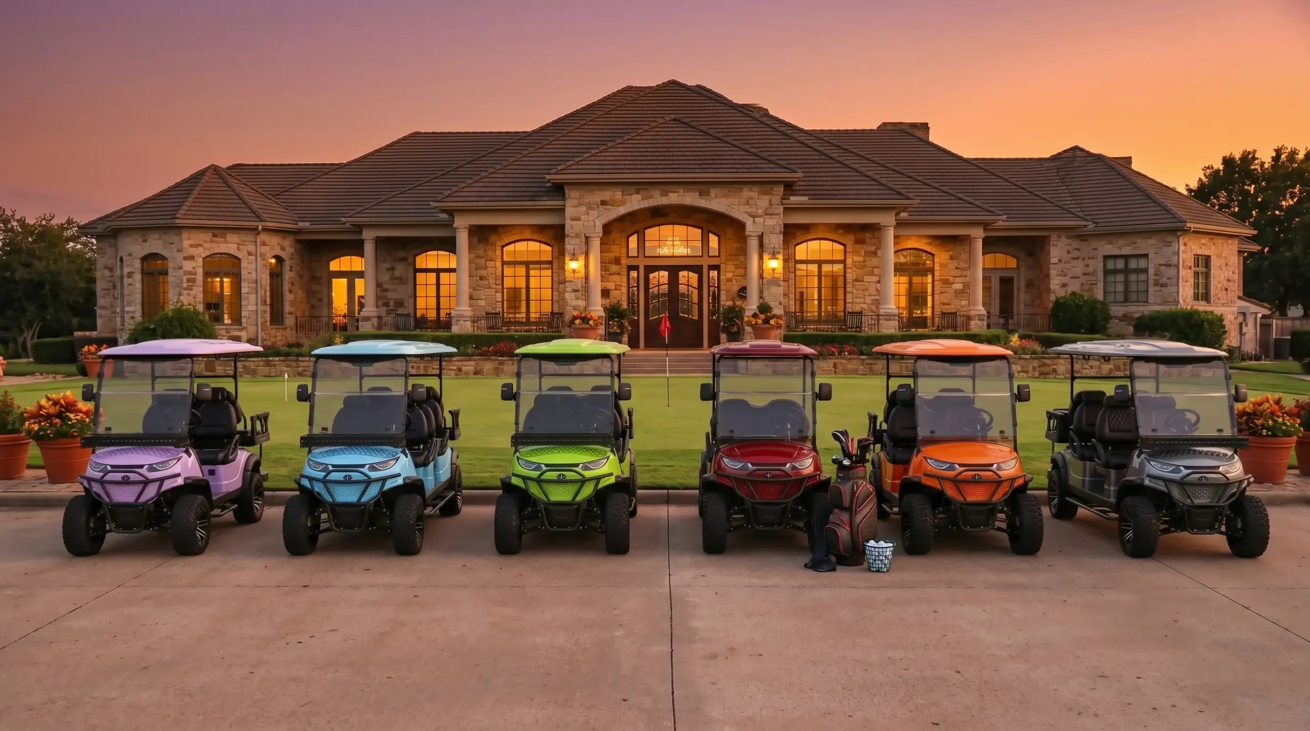 Electric golf cart fleet parked at community clubhouse representing NEV growth in residential planned developments