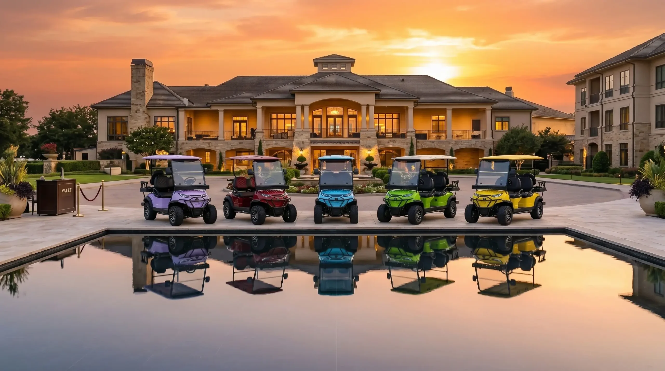 Branded electric golf cart fleet lined up at luxury resort with sunset reflection on water