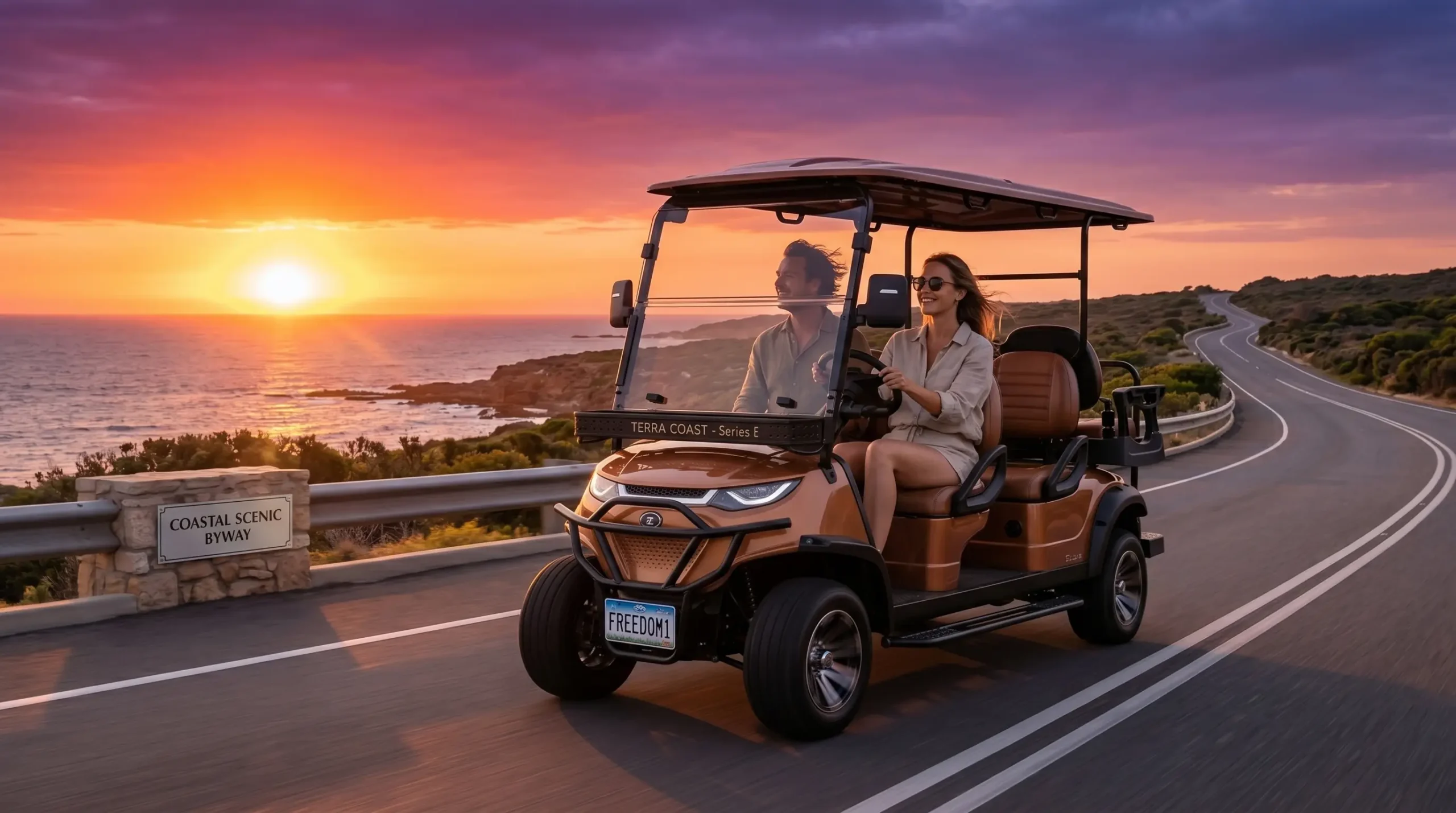 Modern electric golf cart driving into sunset on coastal road representing future of sustainable mobility