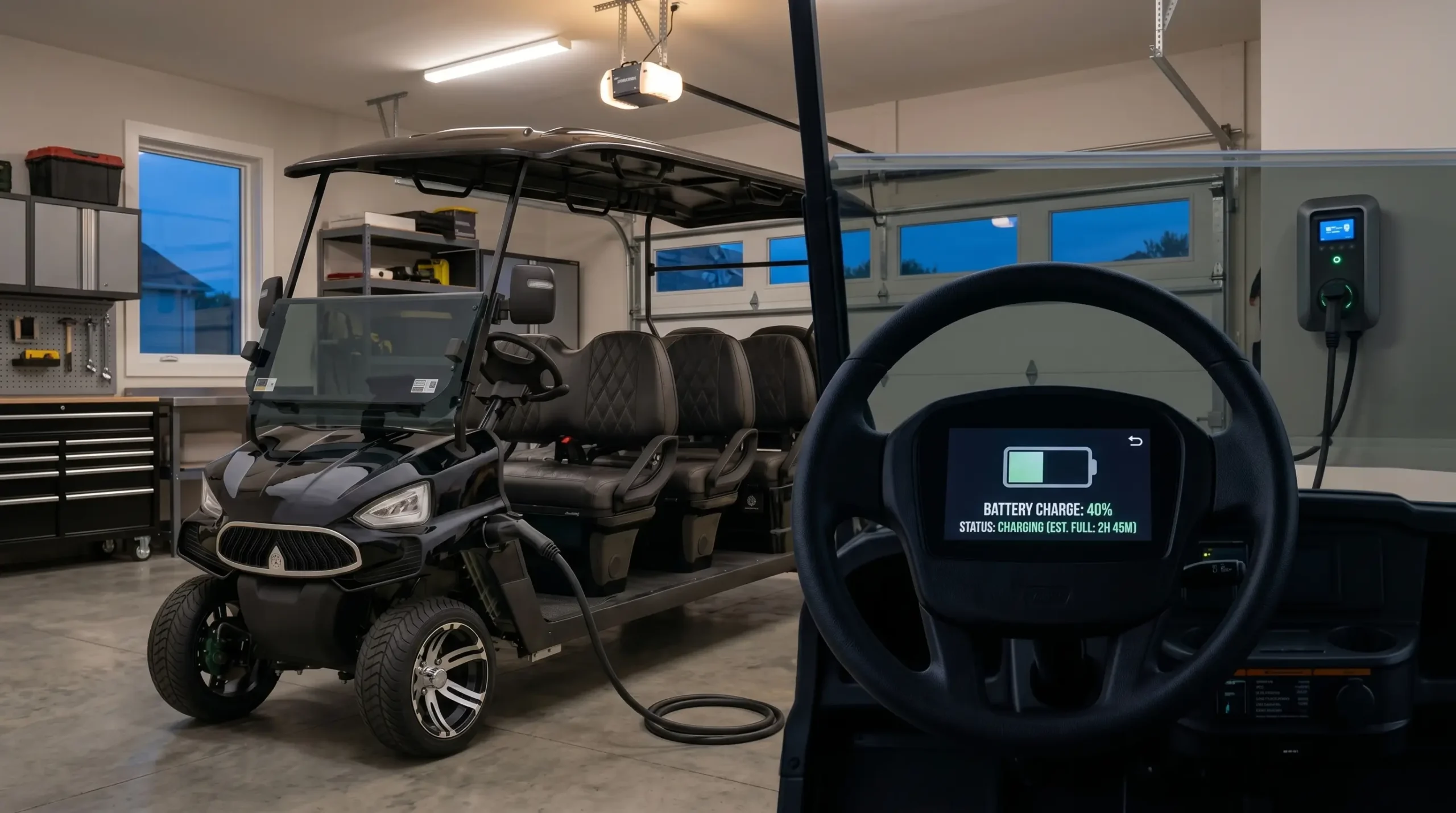 Electric golf cart plugged into home charger showing 40 percent battery needing opportunity charging