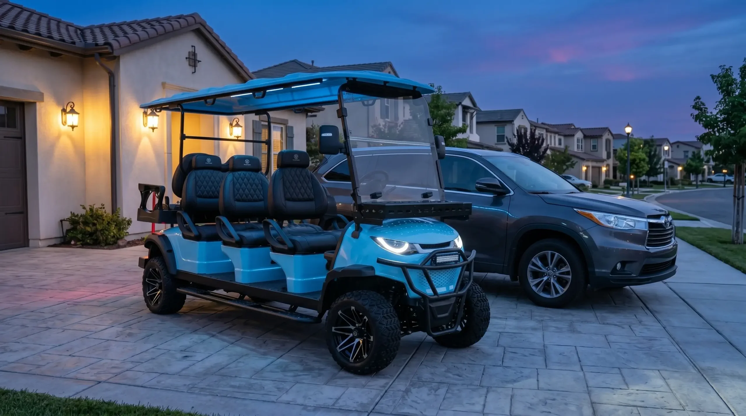 Electric golf cart parked next to SUV in suburban driveway showing second‑car convenience