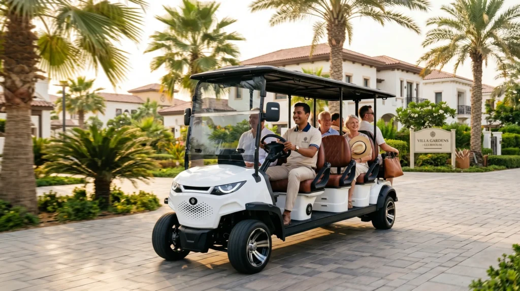 Modern electric golf cart shuttling resort guests through a luxury community pathway at golden hour