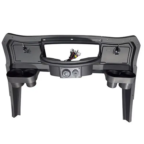 SUN-CART front dashboard with integrated dual cup holders, black textured ABS panel, pre-cut holes for switches and gauge, fits 2/4/6-seater golf carts.