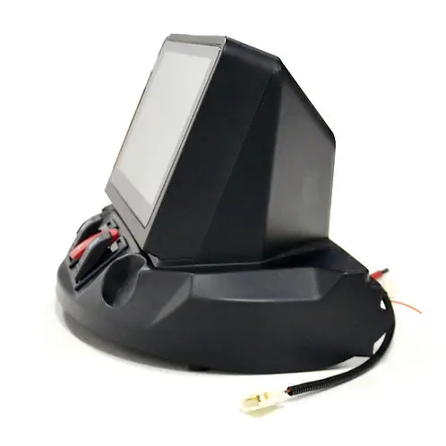 SUN-CART electric golf cart screen display, 7-inch LCD touchscreen with GPS and battery monitor, on white background.