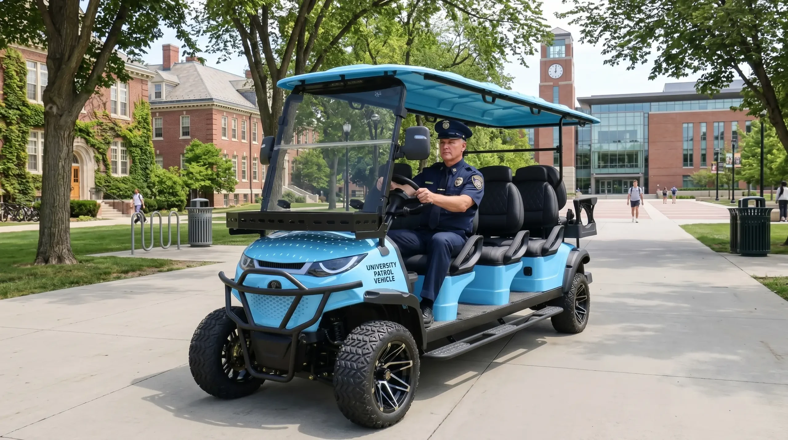 Electric security golf cart patrolling a university campus during daytime with officer in uniform
