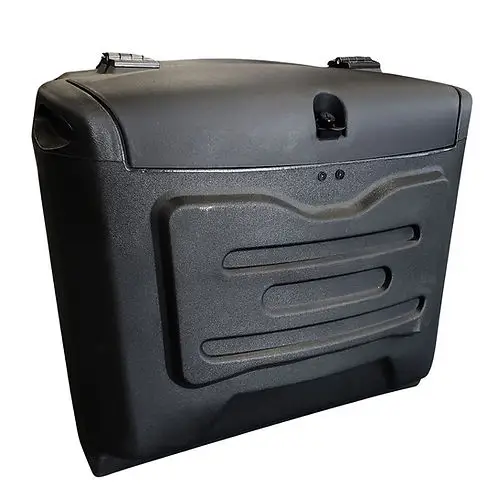 SUN-CART F4 removable locking trunk mounted on the rear of an electric golf cart, showing the lock mechanism and quick-release handles.