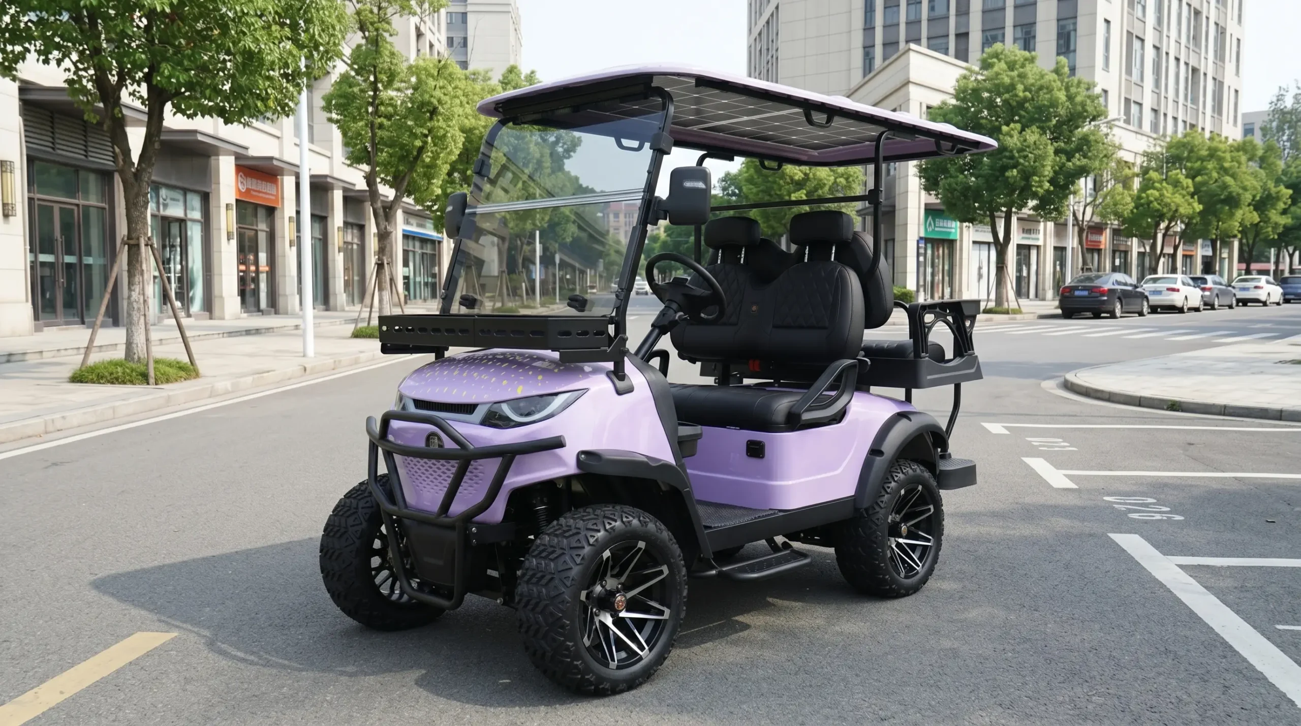Future electric golf cart with solar roof driving on smart community street showcasing sustainable mobility trends