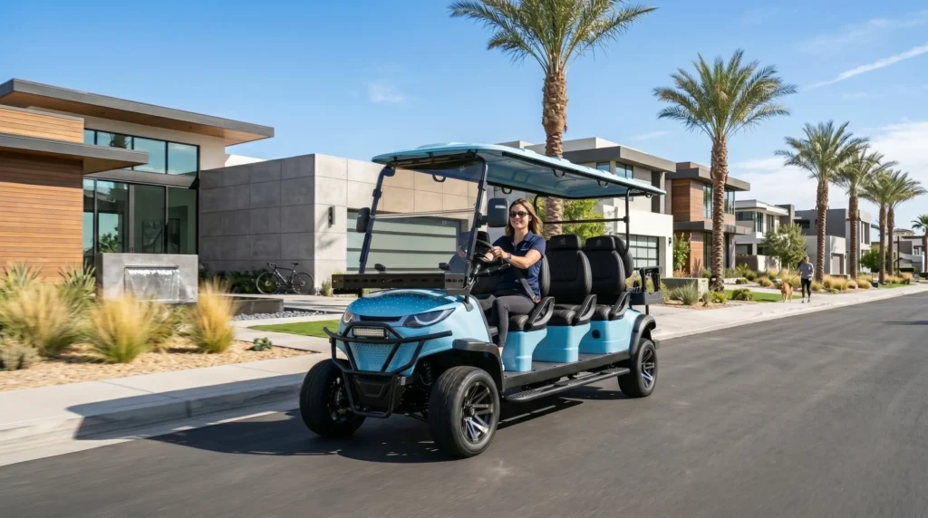 futuristic electric golf cart driving through a modern eco-friendly city street as part of 2026 urban lifestyle concept
