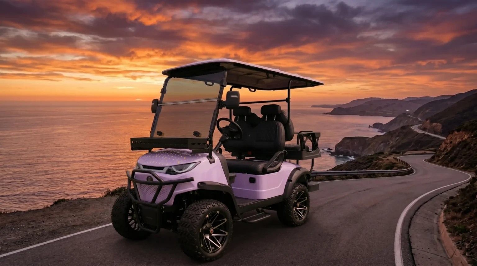 Stylish electric golf cart representing the future of sustainable urban mobility parked on a scenic coastal road