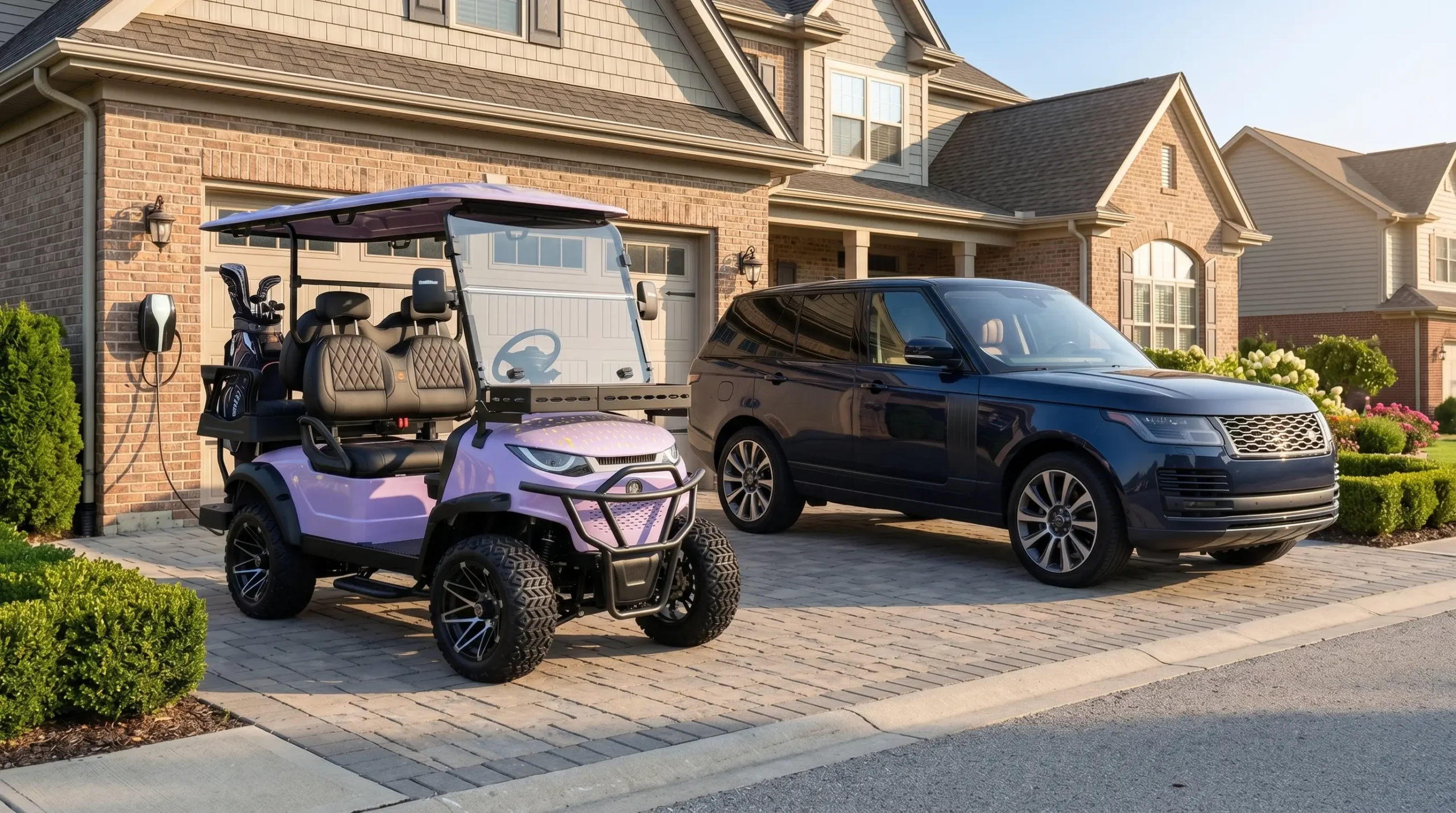 Gas vs electric golf cart 2026 comparison with both vehicles parked in suburban driveway