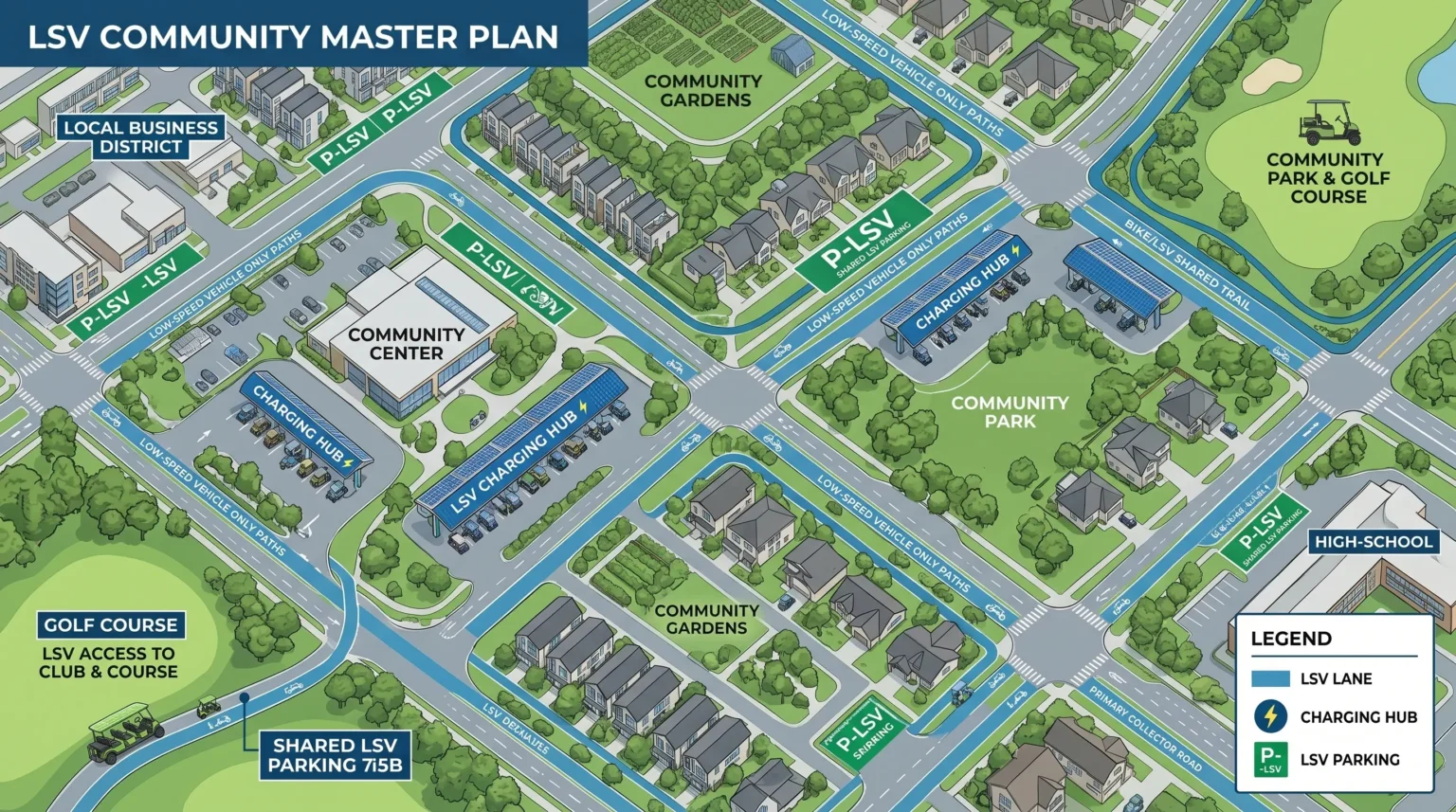 Aerial view of a planned community with designated LSV lanes and micro-mobility network for golf carts