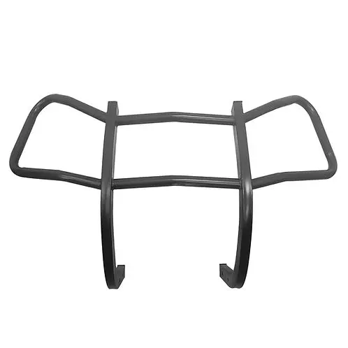 grill-brush-guard-mounted SUN-CART heavy-duty grill brush guard installed on a 4-seater electric golf cart, black steel tubing protecting the front grille and headlights.
