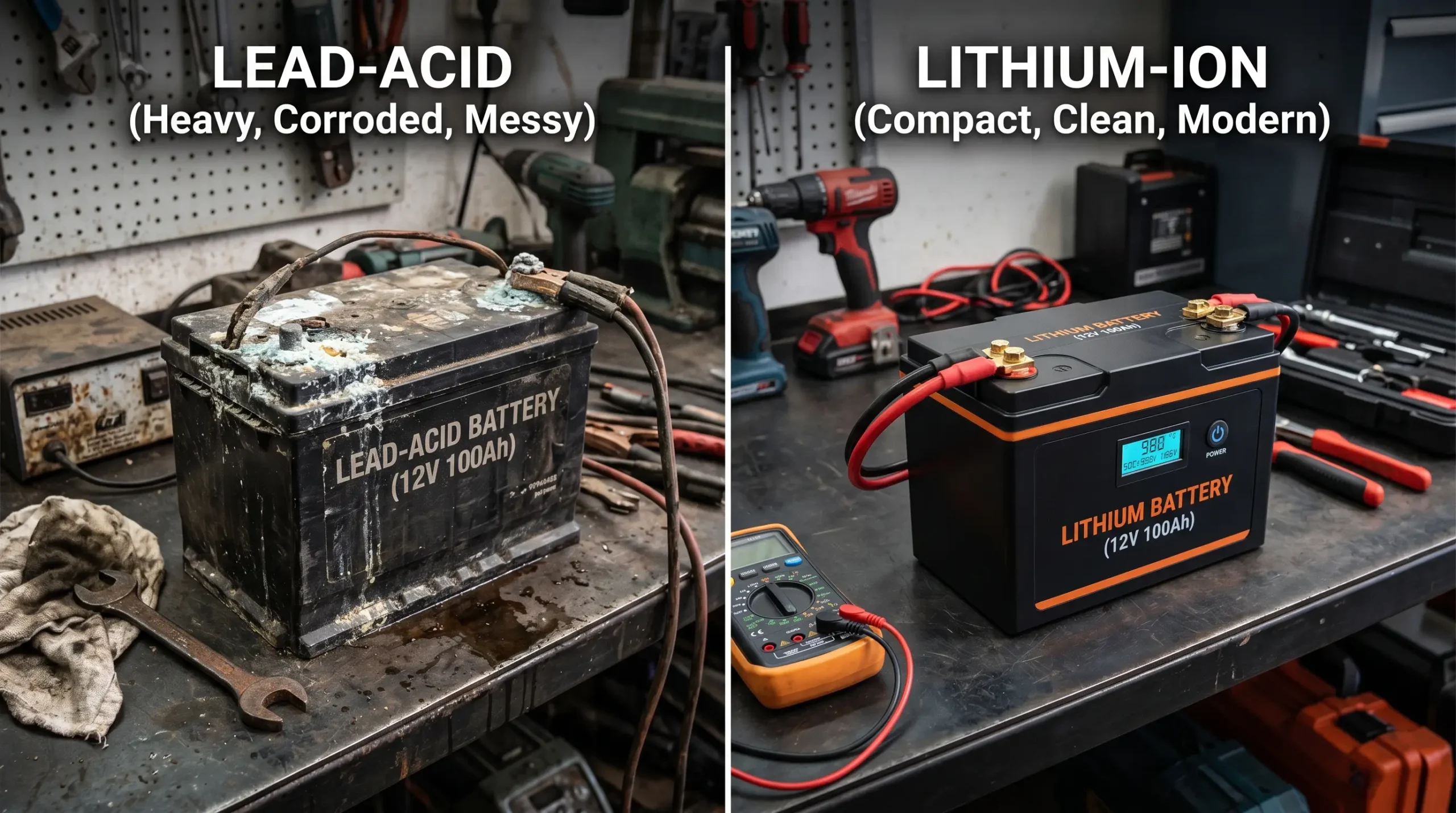 Lead-acid vs lithium golf cart battery comparison showing maintenance difference, corrosion, and zero maintenance