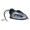 SUN-CART LED front headlight installed on an electric golf cart, showing bright white light beam and waterproof housing.