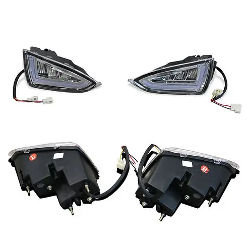 SUN-CART LED front headlight installed on an electric golf cart, showing bright white light beam and waterproof housing.