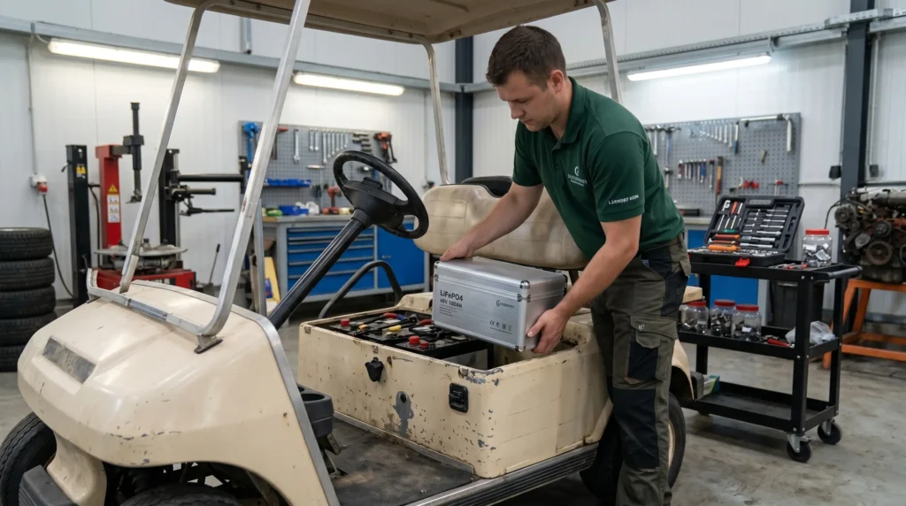 installation steps for SUN-CART lithium battery upgrade conversion kit showing old lead-acid battery removal and new LFP battery placement in electric golf cart