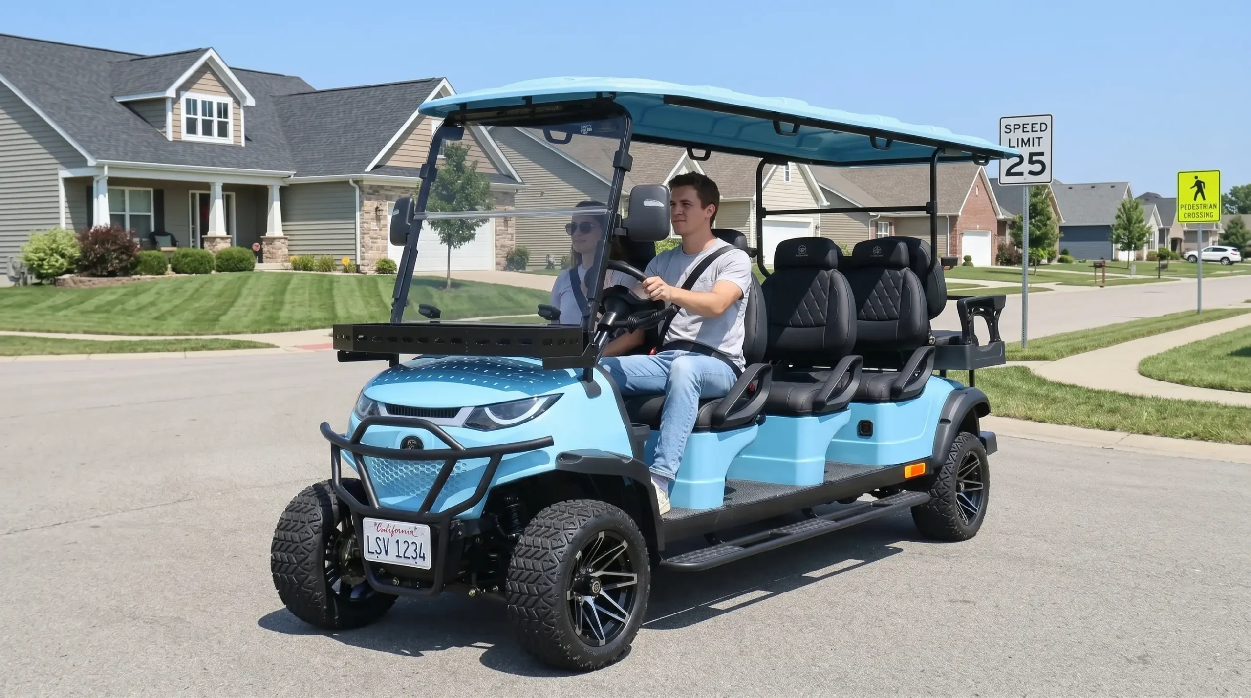 LSV certified electric golf cart legally driving on public neighborhood street with safety equipment