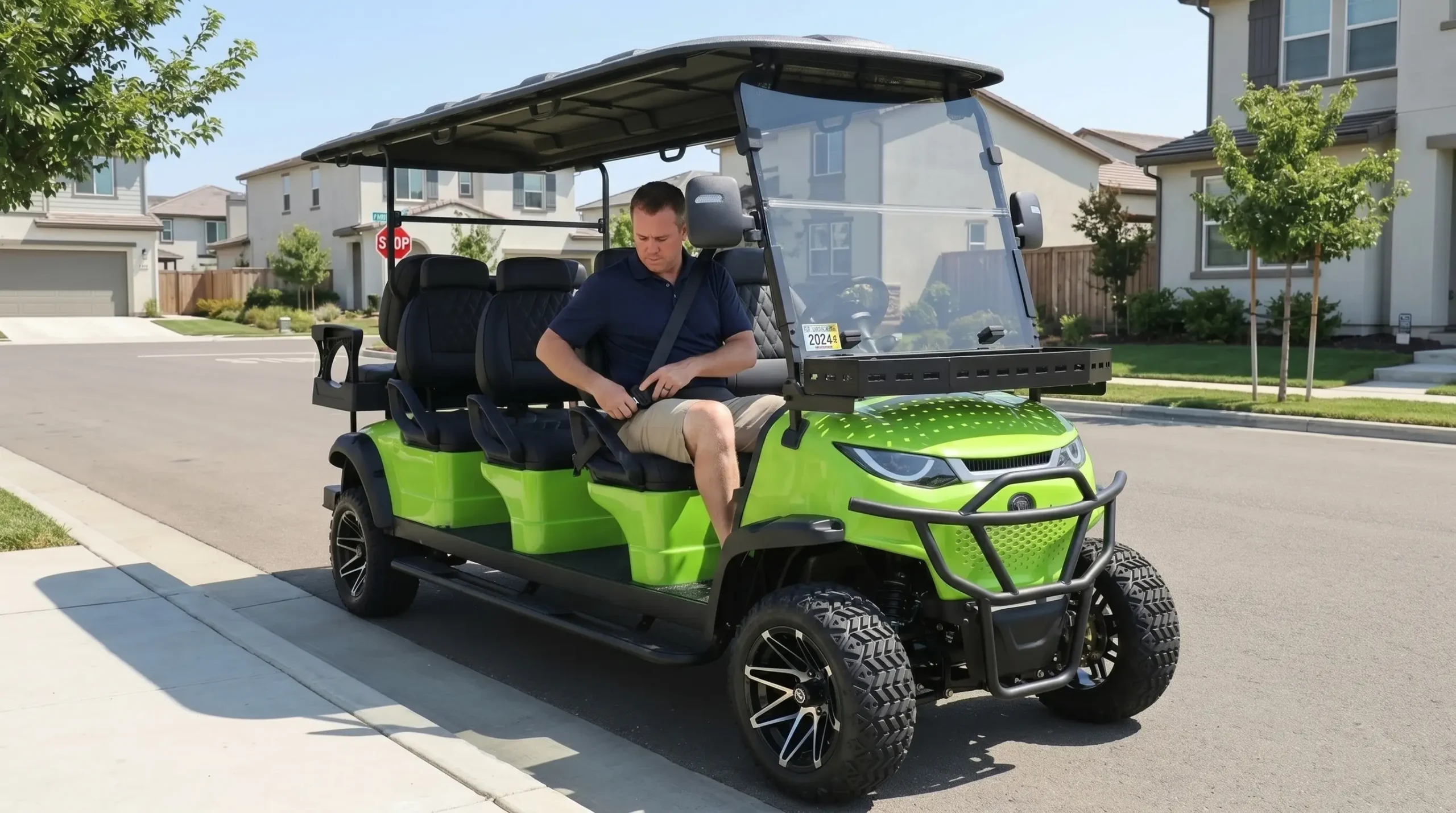 LSV street legal golf cart complying with FMVSS 500 for neighborhood electric vehicle registration and public road use