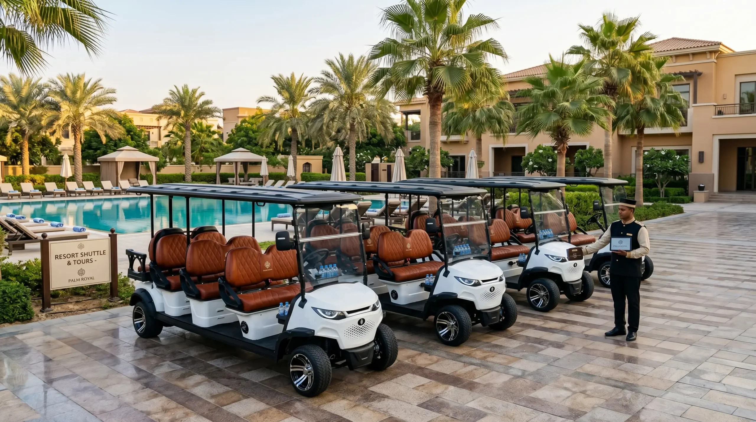 Branded electric golf cart fleet transporting guests at luxury resort for commercial hospitality shuttle service