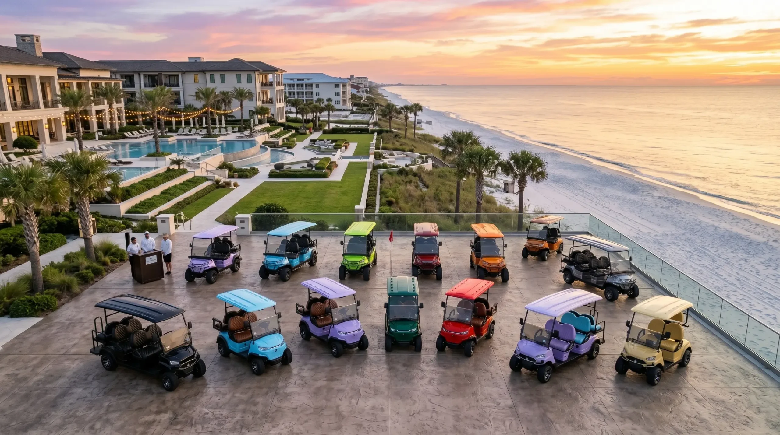 Resort electric golf cart fleet at beachfront property with professional sunset branding