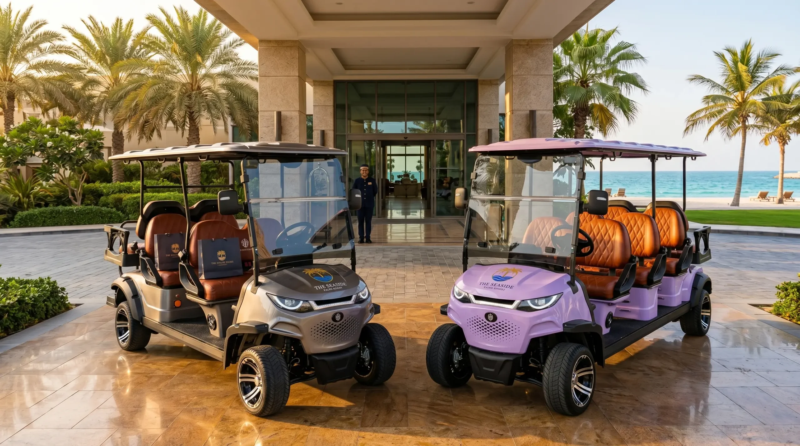 Luxury resort electric shuttle fleet parked beachfront with hotel logo and ocean view during golden hour