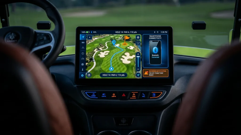 smart golf cart dashboard with GPS navigation and touchscreen display on SUN-CART electric vehicle showing speed battery level and route map as of 2026 model