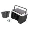 sun-cart-2-seater-cooler-soft-bag-mounted SUN-CART 2-seater electric golf cart soft cooler bag mounted on rear cargo area, black insulated with tie-down straps.