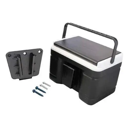 SUN-CART 2-seater electric golf cart soft cooler bag mounted on rear cargo area, black insulated with tie-down straps.