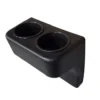 sun-cart-back-seat-cup-holder-installed SUN-CART back seat cup holder installed in rear flip-down armrest of 4-seater electric golf cart, black ABS plastic holding a can.