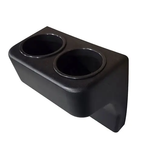SUN-CART back seat cup holder installed in rear flip-down armrest of 4-seater electric golf cart, black ABS plastic holding a can.