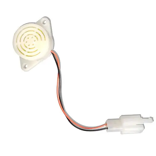 SUN-CART electric golf cart back-up reverse horn, black waterproof buzzer with mounting bracket and pigtail wires on white background.