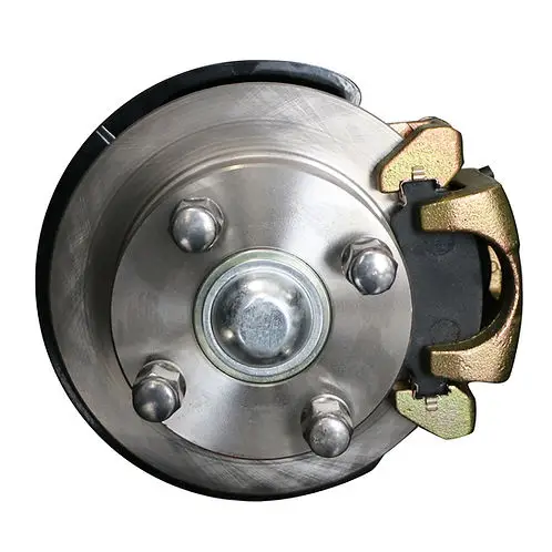 sun-cart-disc-brake-assembly-kit (1) SUN-CART electric golf cart disc brake assembly kit, including caliper, rotor, pads, and mounting bracket on white background.