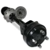 sun-cart-drive-axle-assembly SUN-CART electric golf cart drive axle assembly, complete with differential, input flange, and brake mounting brackets on white background.
