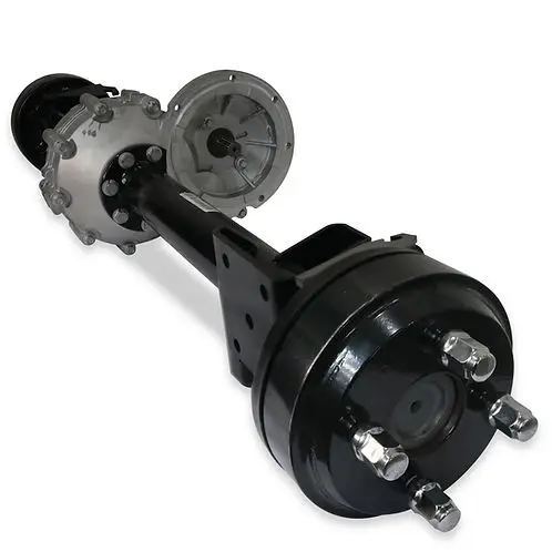 sun-cart-drive-axle-assembly SUN-CART electric golf cart drive axle assembly, complete with differential, input flange, and brake mounting brackets on white background.