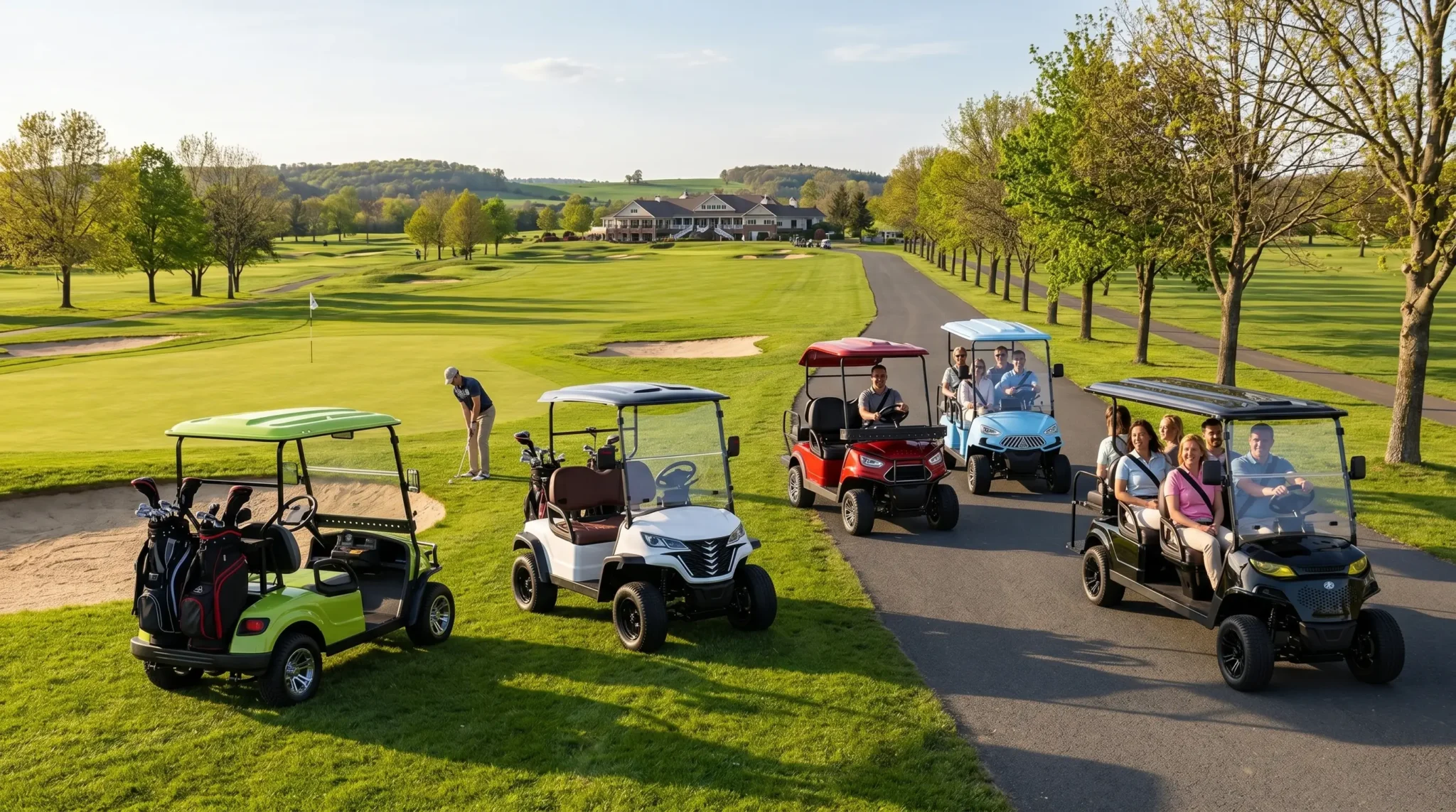 SUN-CART full fleet lineup showing all electric golf cart models including 2-seater, 4-seater, 6-seater, 8-seater, and LSV vehicles parked side by side in a row.