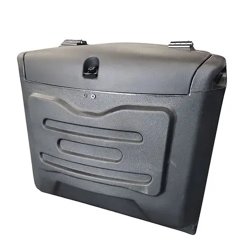 SUN-CART F4 removable locking trunk mounted on the rear of an electric golf cart, showing the lock mechanism and quick-release handles.