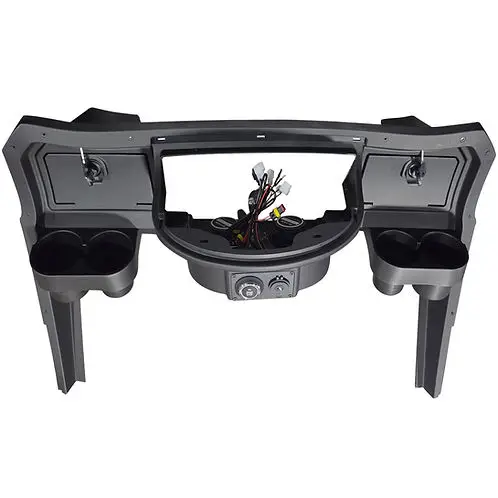 sun-cart-front-dashboard-with-cup-holders SUN-CART front dashboard with integrated dual cup holders, black textured ABS panel, pre-cut holes for switches and gauge, fits 2/4/6-seater golf carts.
