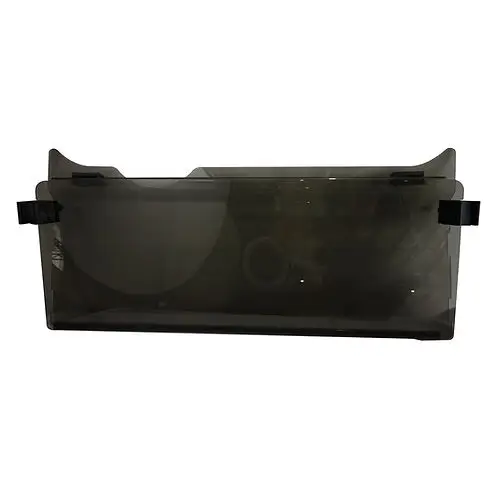 SUN-CART clear acrylic front windshield installed on an electric golf cart, showing full coverage and flip-up hinge for ventilation.