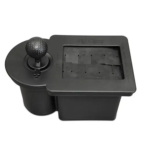 SUN-CART portable golf club and ball cleaner mounted on a golf cart, with a club inserted into the brush slot and a visible water reservoir.