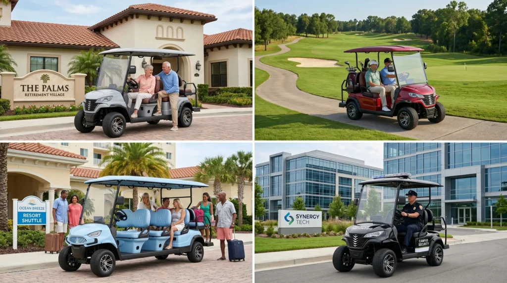 Electric golf cart applications in retirement communities, golf courses, resorts, and corporate campuses
